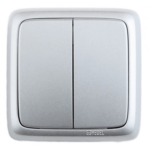 ВА16-153-06 Выключатель открытой установки, двухклавишный, с изолирующей пластиной, цвет серебро