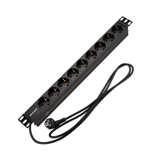 Блок распределения питания PDU горизонтальный 1U 9 розеток СЕЕ 7/4 Schuko 16A без выкл алюм корп шнур 2м вилка СЕЕ 7/7 Schuko черный REXANT