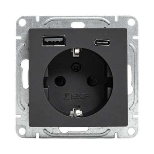 Механизм розетки с USB-A+С - 2шт, 16А, с заземлением, со шторками, чёрный Эпика EKF