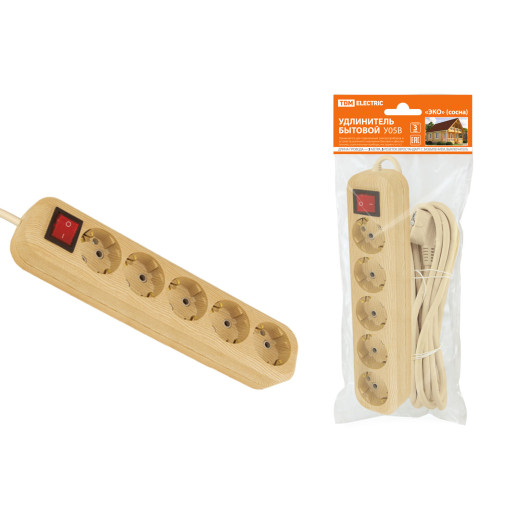 Удлинитель бытовой  У05В выключатель, 5 гнезд, 3метра,2П+3, ПВС 3х1мм2 