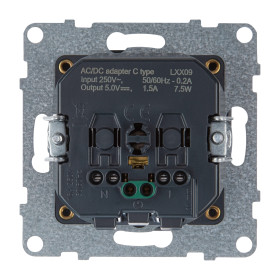 Legrand/Daccord SUNO Алюминий Комбинированная розетка со шторками 2К+З 16А 250В/USB С 1500мА. Безвинтовые зажимы.