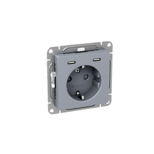 Механизм розетки с USB-C - 2шт, 16А, с заземлением, со шторками, алюминий Эпика EKF