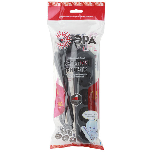 Сетевой фильтр ЭРА  USF-M-4es-1,5m-B с защитой (термо) с заземлением с выключателем 4 розетки 1,5м 10А черный