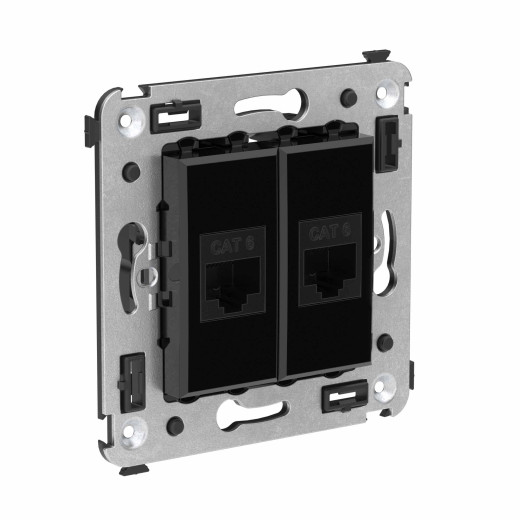 Компьютерная розетка RJ-45 без шторки в стену, кат.6 двойная, Avanti, черный квадрат