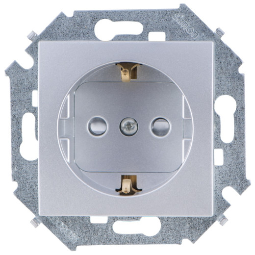 Simon 15 Алюминий Розетка 2P+E Schuko, со шторками, 16А, 250В, винт.заж.