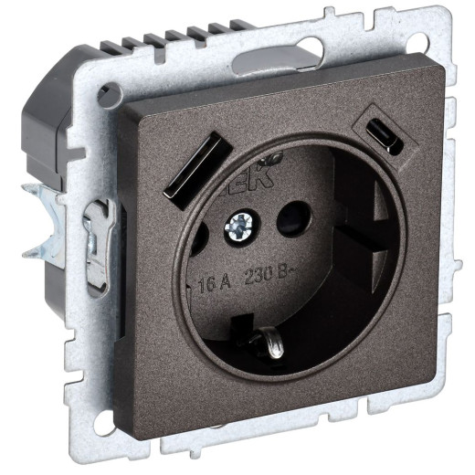 BRITE Роз. с з/к/ш 16А с USB A+C 18Вт РЮш11-1-БрТБ бр. IEK