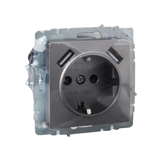 BRITE Роз. с з/к/ш 16А с USB A+A 3,1А РЮш10-2-БрС сталь IEK