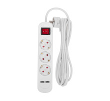 REXANT Удлинитель STANDARD 3 гнезда, 3м, 3х1,0мм², с/з, с выключателем, 2 USB, белый.
