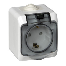 Systeme Electric Этюд наруж Бел Розетка 1-ая с/з с крышкой, с защитными шторками IP44