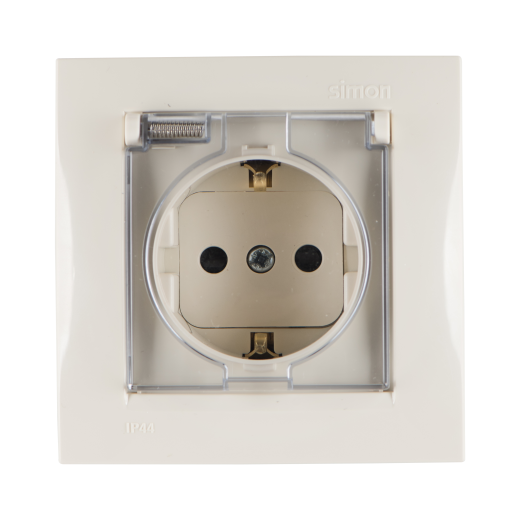 Simon 15 Бежевый Розетка 1-я с/з с крышкой с защитными шторками, IP44 (в сборе с рамкой)