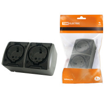 TDM Розетка двойная 2П+3 открытой установки IP54 16А с прозрачной крышкой серая 