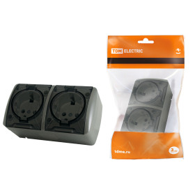 TDM Розетка двойная 2П+3 открытой установки IP54 16А с прозрачной крышкой серая 