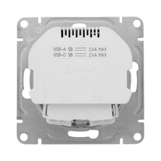 Механизм розетки с USB-A+С - 2шт, 16А, с заземлением, со шторками, белый Эпика EKF