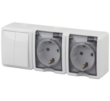 ЭРА Блок две розетки + выключатель Эксперт 11-7404-01 двойной IP54 16A-10AX-250В ОУ белый