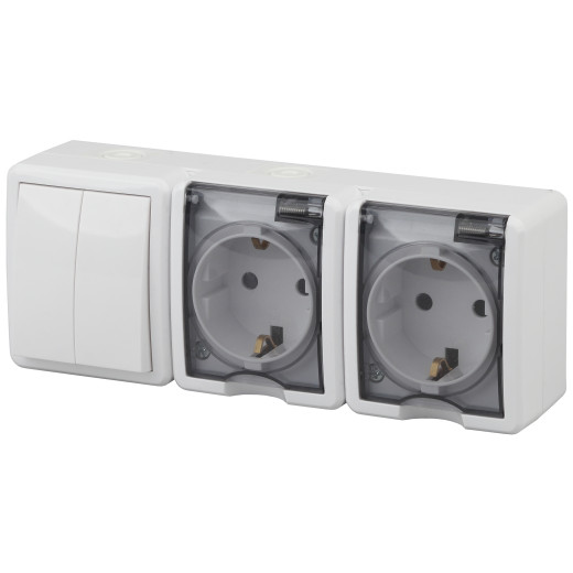 Блок две розетки + выключатель ЭРА Эксперт 11-7404-01 двойной IP54 16A-10AX-250В ОУ белый