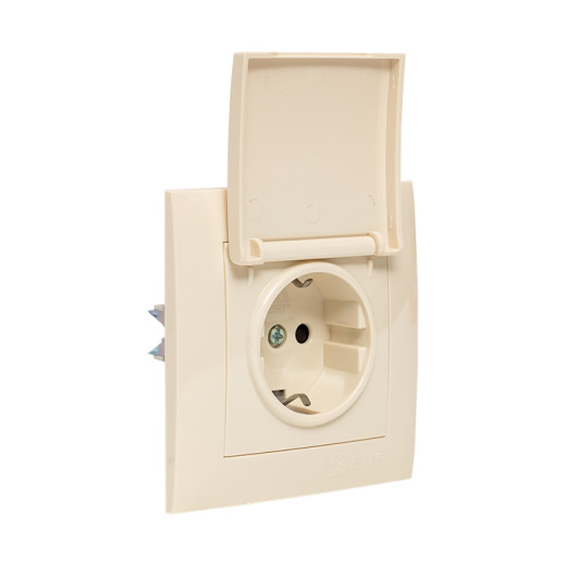 Валенсия розетка 1-местная с/з 16А кремовая с крышкой и защ. штор. EKF