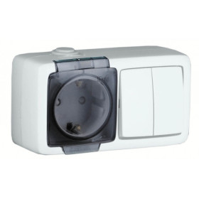 Hegel Белый Блок открытой установки, брызгозащищенный , розетка с заземляющим контактом и шторками+двухклавишный выключатель