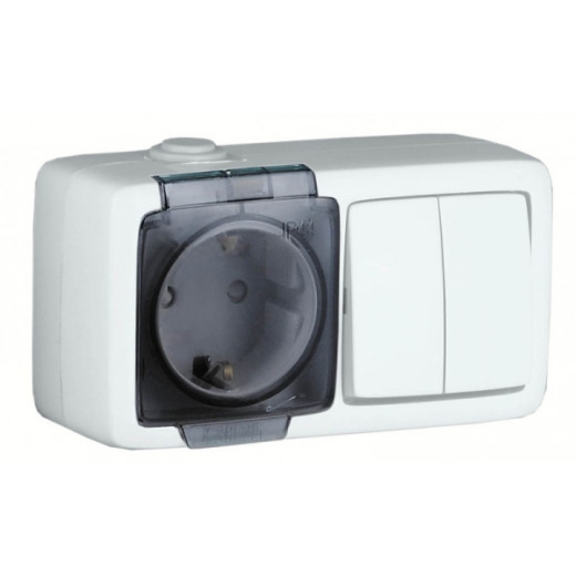 БА16-222 Блок открытой установки, брызгозащищенный , розетка с заземляющим контактом и шторками+двухклавишный выключатель, цвет белый