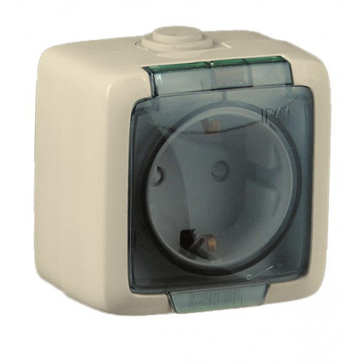 РА16-212-01 Розетка открытой установки, одноместная, с заземляющим контактом, со шторкой, брызгозащищенная, цвет слоновая кость