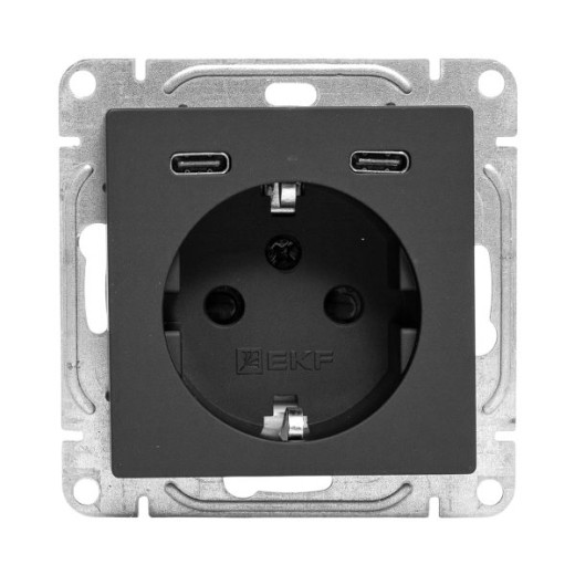 Механизм розетки с USB-C - 2шт, 16А, с заземлением, со шторками, чёрный Эпика EKF
