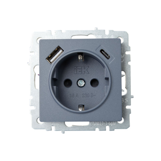 BRITE Роз. с з/к/ш 16А с USB A+C 18Вт РЮш11-1-БрМ мар. IEK