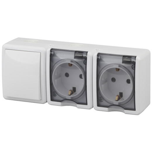 Блок две розетки + выключатель ЭРА Эксперт 11-7403-01 IP54 16A-10AX-250В ОУ белый