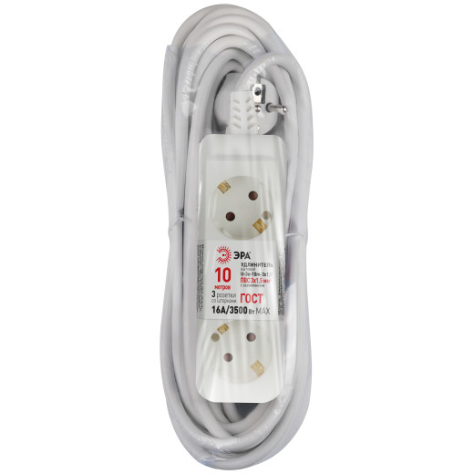 Удлинитель электрический ЭРА U-3e-10m-3x1,5 с заземлением 3 розетки 10м ПВС 3x1,5мм2 16А
