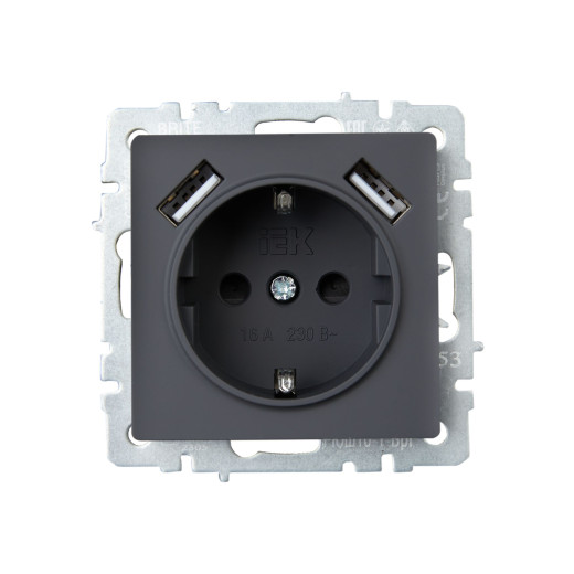 BRITE Роз. с з/к/ш 16А с USB A+A 2,1А РЮш10-1-БрГ граф. IEK