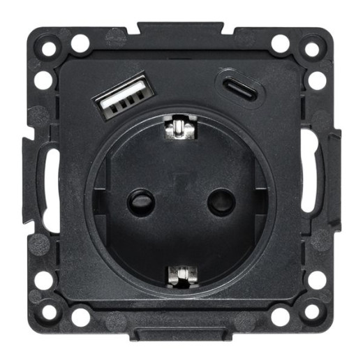 Стокгольм Механизм Розетки 1-местной с/з, USB A+C 16А винтовые клеммы черный с защ. штор. EKF