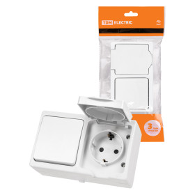 TDM Блок (горизонтальный) выключатель 1-кл. + розетка 2П+З с з/ш БКВР IP54 белый 