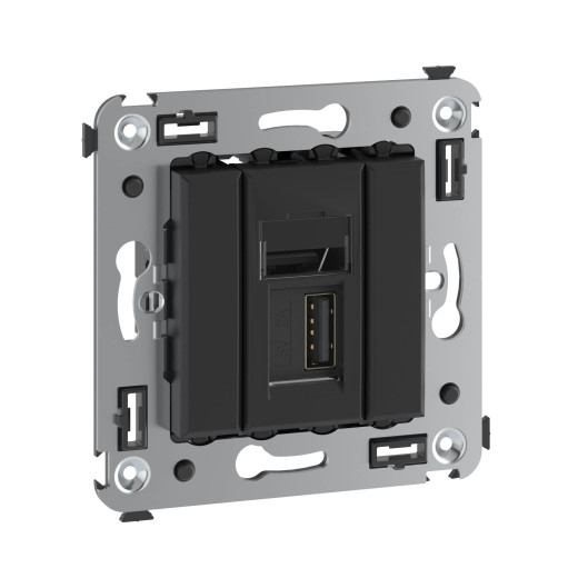 USB 2.0 розетка одинарная в стену, тип А-А, Avanti, черный матовый