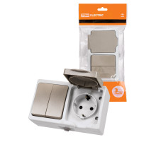 TDM Блок (горизонтальный) выключатель 2-кл. + розетка 2П+З с з/ш БКВР IP54 серый 