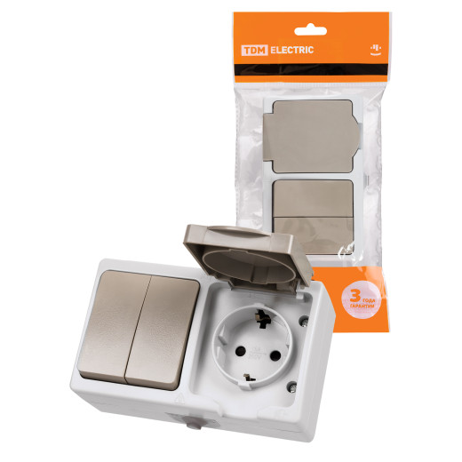 Блок (горизонтальный) выключатель 2-кл. + розетка 2П+З с з/ш БКВР IP54 серый 