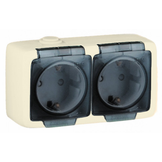 РА16-251-01 Розетка открытой установки, двухместная, с заземляющим контактом, брызгозащищенная, цвет слоновая кость