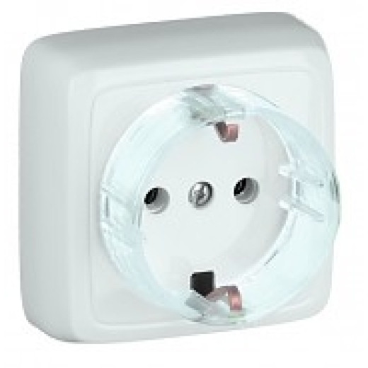 РА16-173 Розетка открытой установки, одноместная, с заземляющим контактом, с изолирующей пластиной, цвет белый