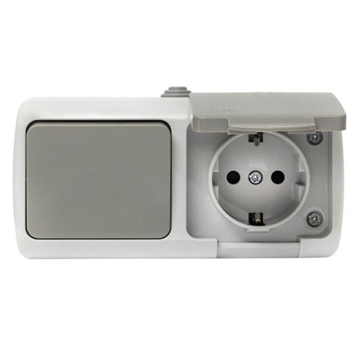 Мурманск Блок розетка 1-м 16А с заземлением с крышкой+ 1-кл выключатель IP54 серый EKF