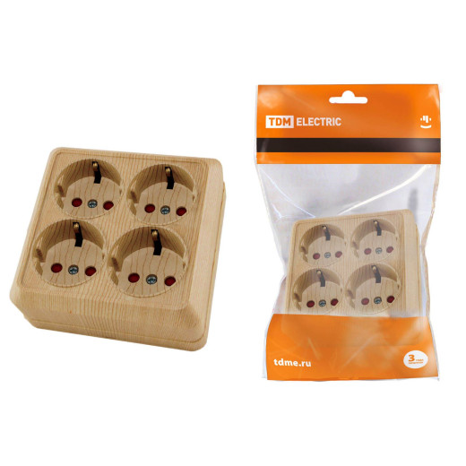 Розетка четырехместная 2П+3 открытой установки IP20 16A с защитными шторками сосна 