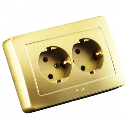 РС16-351-07 Розетка скрытой установки, двухместная, с заземляющим контактом, цвет золото