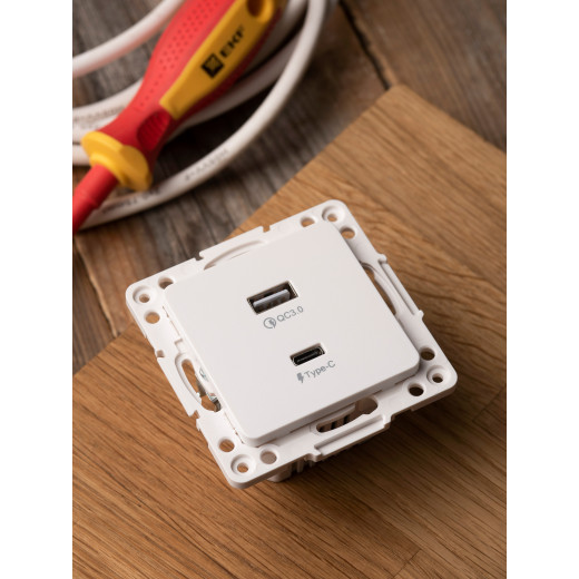 Стокгольм Механизм Розетки с 2USB type-A + type-C винтовые клеммы белый EKF PROxima