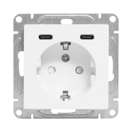 Механизм розетки с USB-C - 2шт, 16А, с заземлением, со шторками, белый Эпика EKF