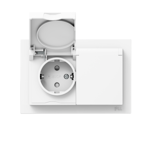 Механизм розетки двойной, 16А, IP44, с заземлением, со шторками, с рамкой, с крышками, белый Эпика EKF