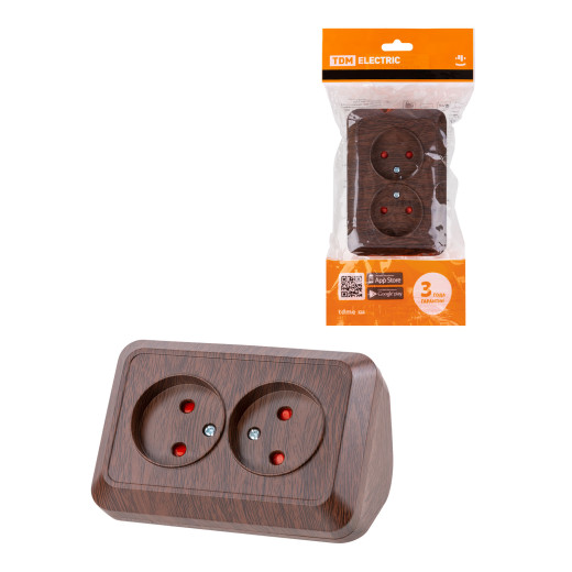 Розетка угловая двойная 2П открытой установки с з/ш IP20 250В 10А бук 