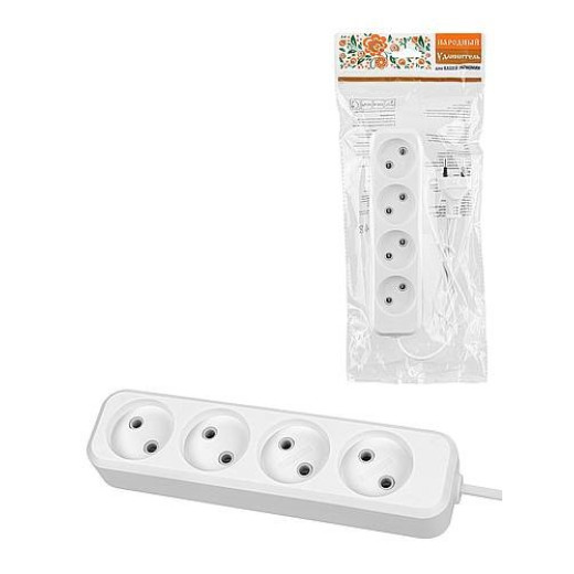 Удлинитель 4 гнезда, 3 метра, б/з, 10 А, 2300 Вт, белый, НАРОДНЫЙ