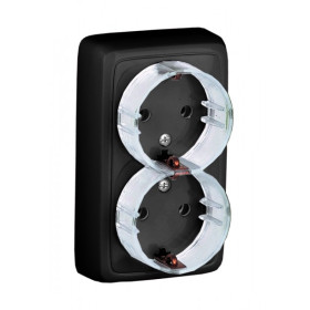 HEGEL Черный РА16-184-08 Розетка открытой установки, двухместная, с заземляющим контактом, со шторками, с изолирующей пластиной