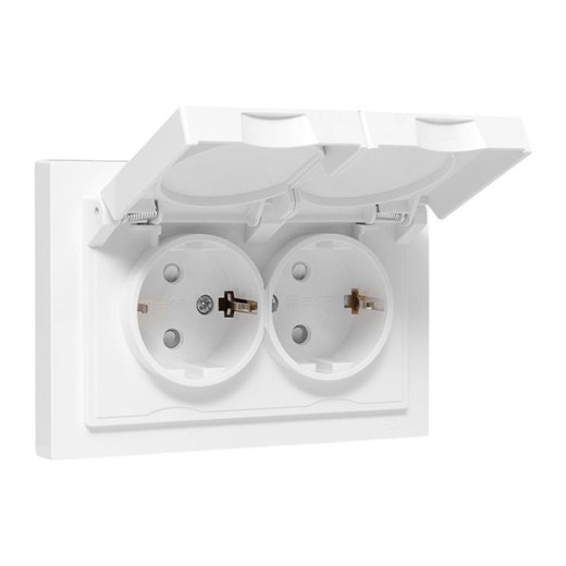 Механизм розетки двойной, 16А, IP44, с заземлением, со шторками, с рамкой, с крышками, белый Эпика EKF
