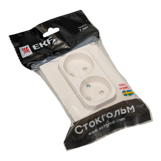 Стокгольм Розетка 2-местная б/з 10А автоматические клеммы белая с защ. штор. EKF PROxima