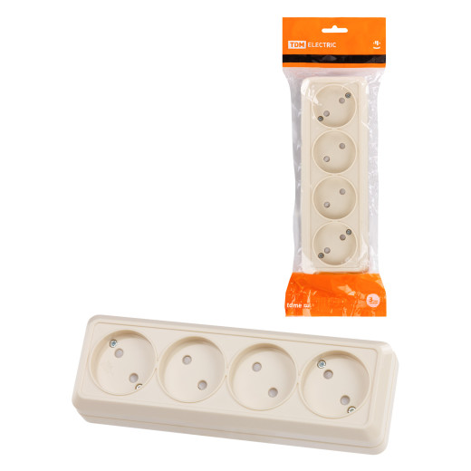 Розетка 4-х местная горизонтальная 2П открытой установки IP20 10A с з/ш сл. кость 