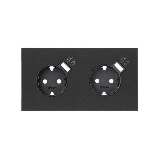 Simon 100 Черный матовый  Кит 2 поста, фронт. Накладка на 2 розетки Schuko с з/у USB SC