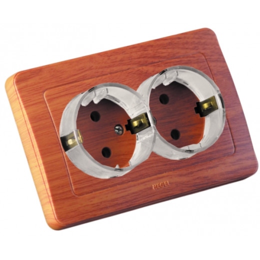 РС16-382-05 Розетка скрытой установки, двухместная, с заземляющим контактом, со шторками, цвет дуб