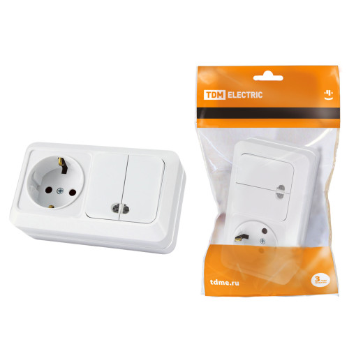 Блок комбинированный выкл. 2-кл. с/п 10А + розетка 2П+З 16А 250В БКВР IP20 белый 